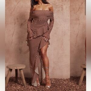 NEW PRETTYLITTLETHING BROWN POLKA DOT COWL LONG SLEEVE MIDAXI DRESS SIZE: 8